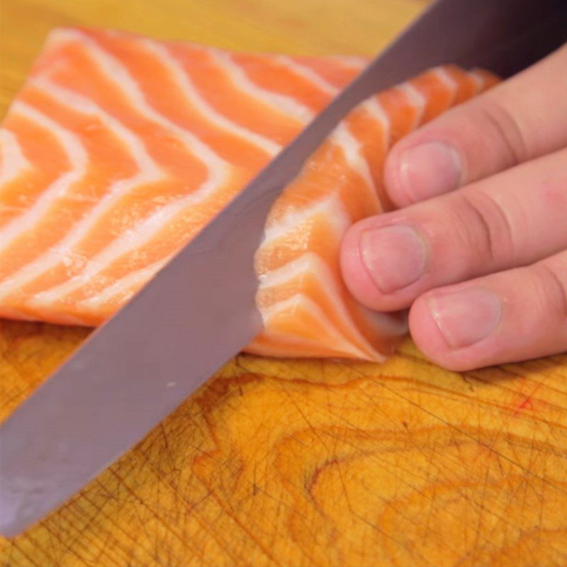 Step 2 Prepare and slice salmon, avocado Sushi Birthday Cake