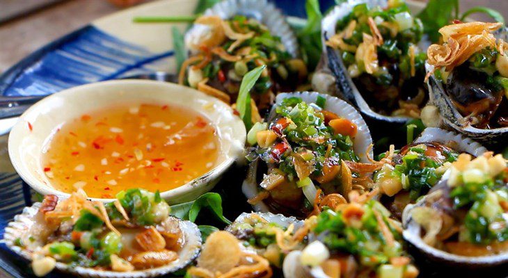 Grilled long clams with scallion oil