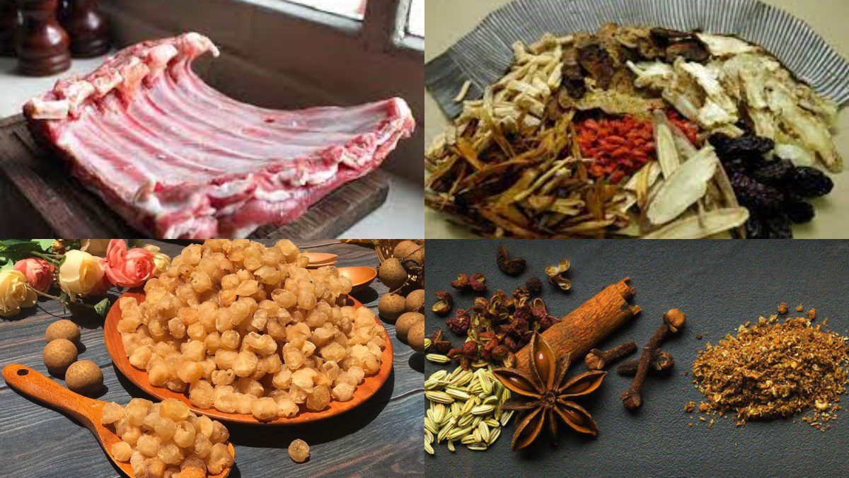 Ingredients for the dish of goat ribs stewed with Chinese medicine and mugwort