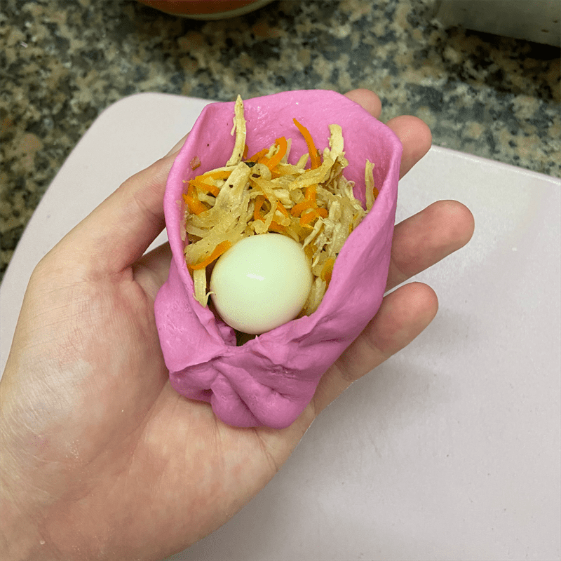 Step 5 Shaping the dough Red dragon fruit steamed bun with chicken breast