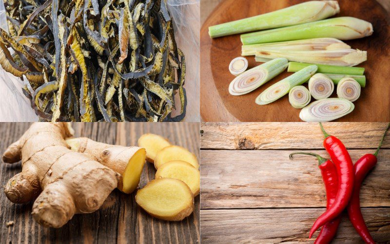 Ingredients for the recipe for stir-fried spirulina with lemongrass and chili