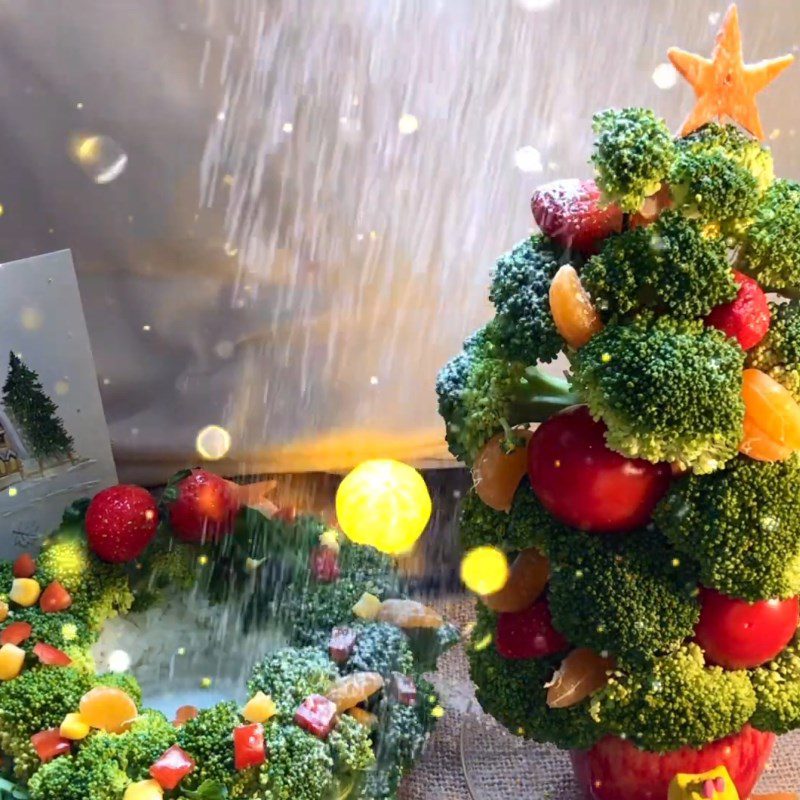 Step 4 Final Product Arranging fruits and vegetables into the shape of a Christmas tree