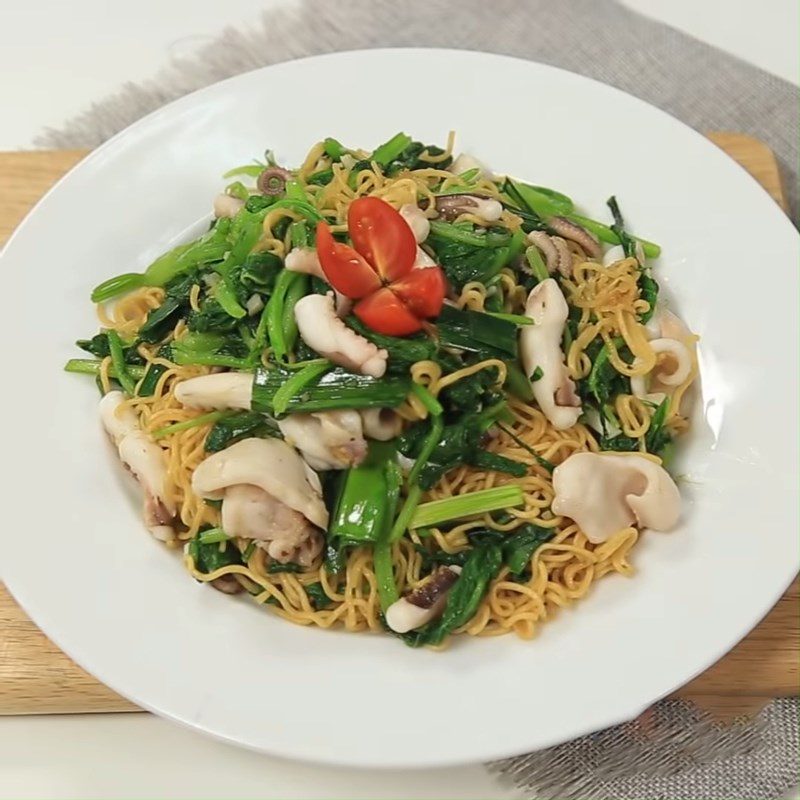 Step 5 Final Product Stir-fried noodles with octopus and bok choy