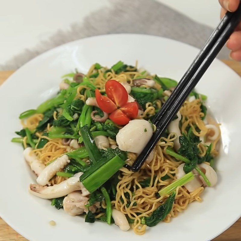 Step 5 Final Product Stir-fried noodles with octopus and bok choy