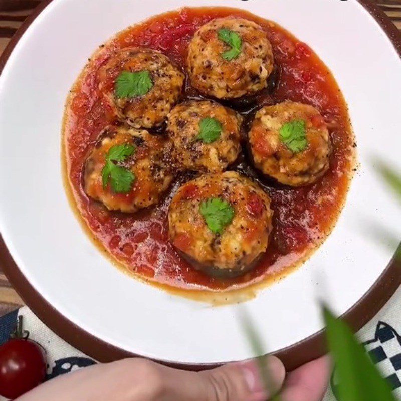 Step 5 Final product Stuffed Shiitake mushrooms with tomato sauce