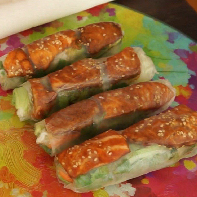 Step 7 Finished product of Teriyaki salmon spring rolls