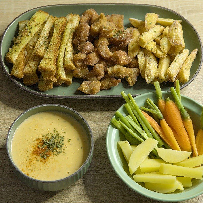 Step 8 Final product Melted cheese sauce and side dishes