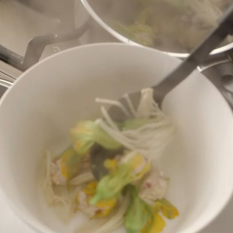 Step 5 Final product Pumpkin flower soup with shrimp and enoki mushrooms