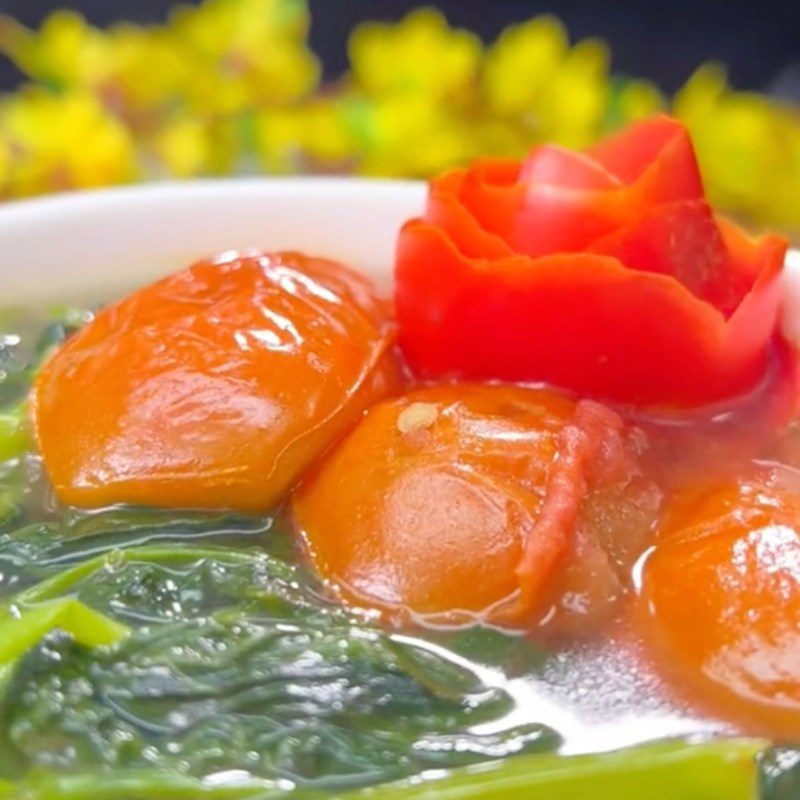 Step 3 Final Product Water spinach soup with tomatoes and shrimp paste