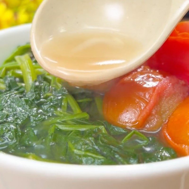 Step 3 Final Product Water spinach soup with tomatoes and shrimp paste