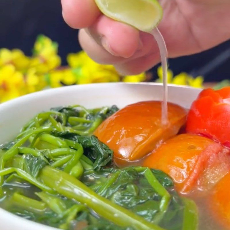 Step 3 Final Product Water spinach soup with tomatoes and shrimp paste