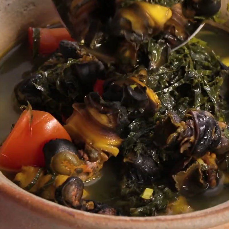 Step 6 Final Product Cooking the snail soup with perilla leaves