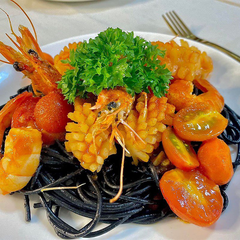 Step 3 Final Product Black Squid Spaghetti Stir-fried with Seafood