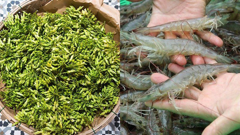 Ingredients for stir-fried butterfly pea flowers with shrimp