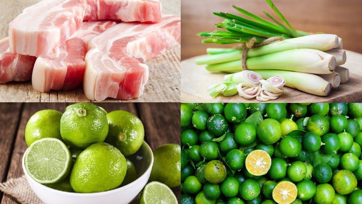 Ingredients for the dish of crispy fried pork belly with lemongrass and calamansi