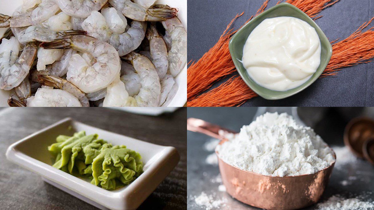 Ingredients for crispy fried shrimp with mayonnaise mustard sauce