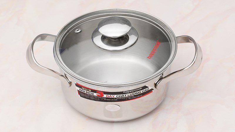 Stainless steel pot with 3 layers and glass lid 16 cm Happycook N16-NMG