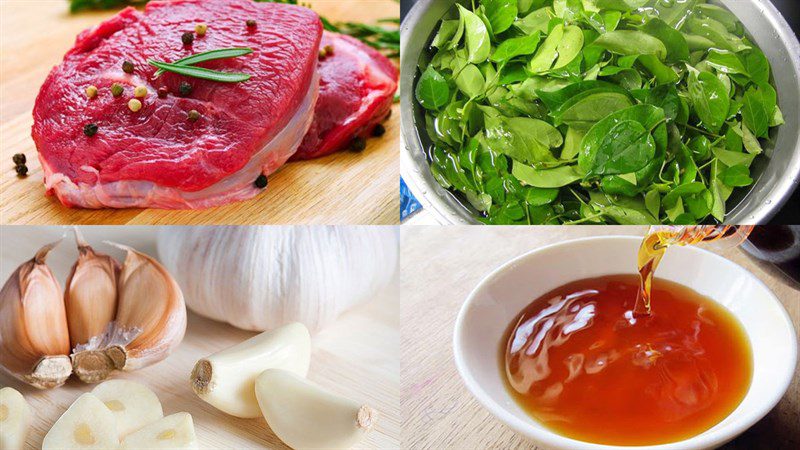 Ingredients for stir-fried buffalo meat with lồm leaves