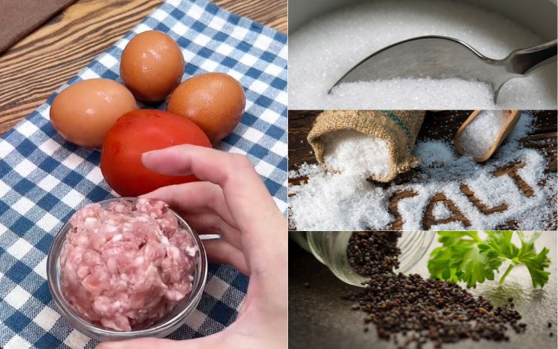 Ingredients for steamed eggs with minced meat, seafood, and vegetables