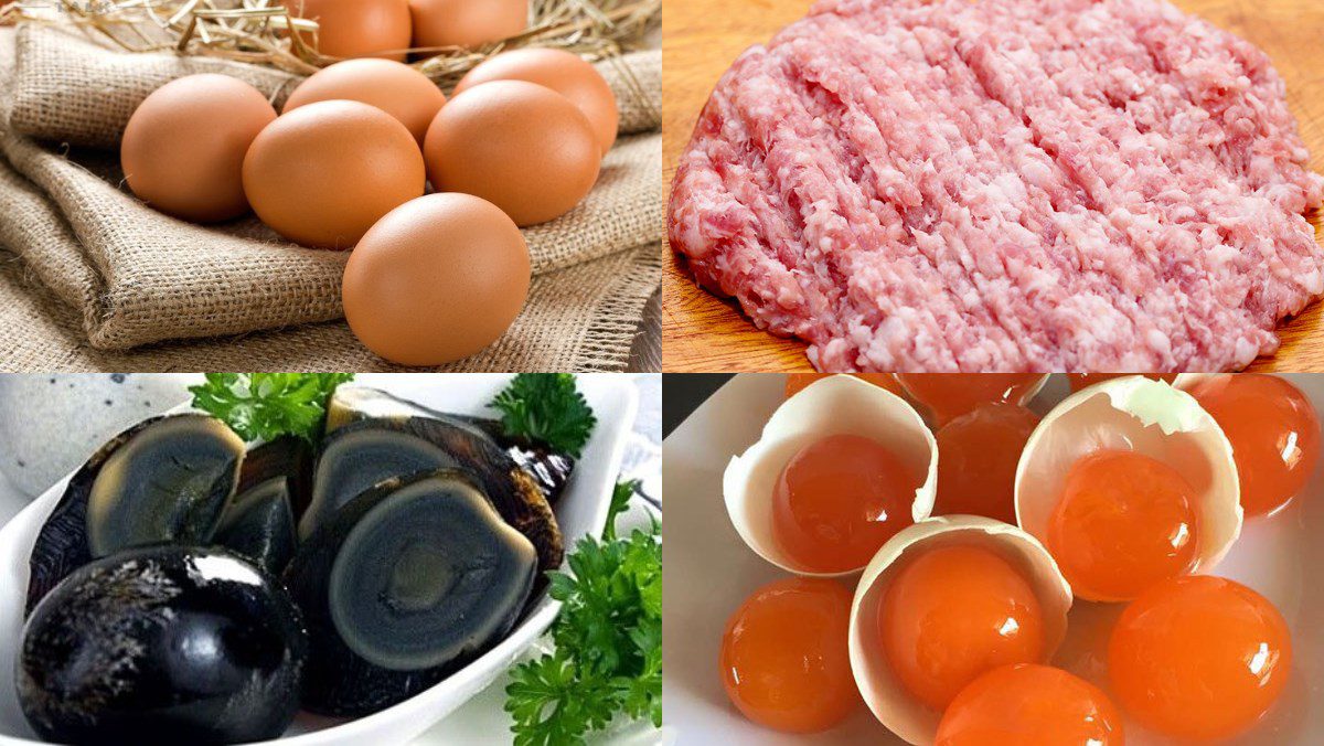 Ingredients for steamed egg dish with minced meat, seafood, and vegetables