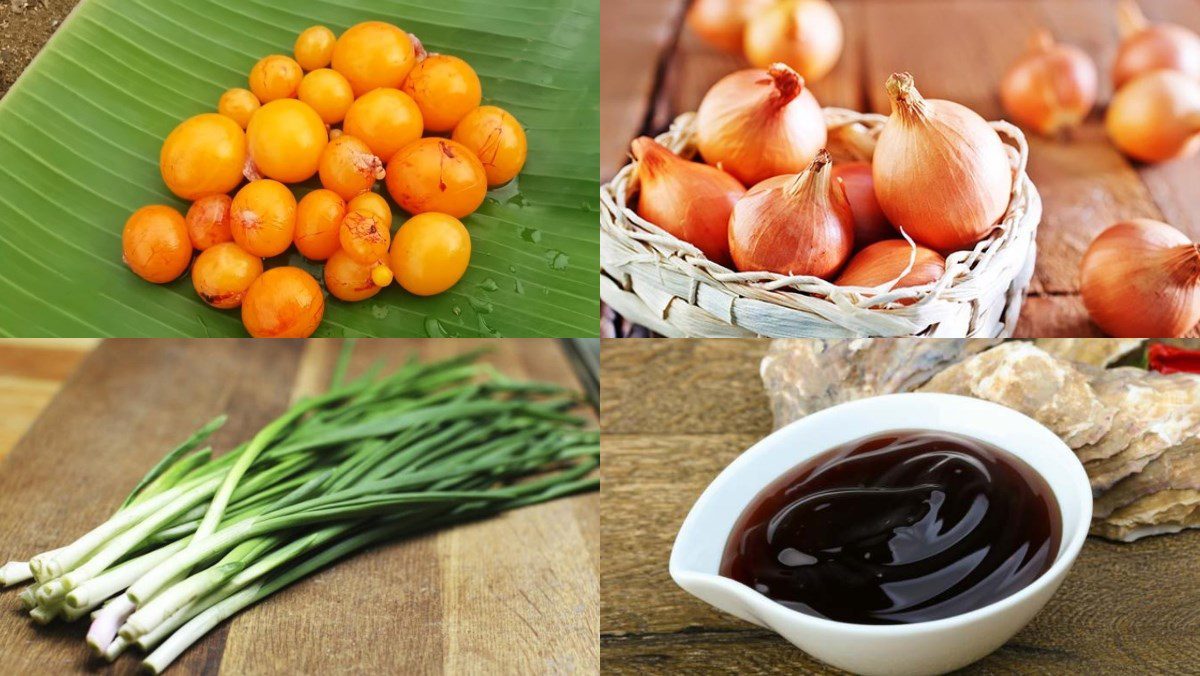 Ingredients for the dish of young eggs stir-fried with onions