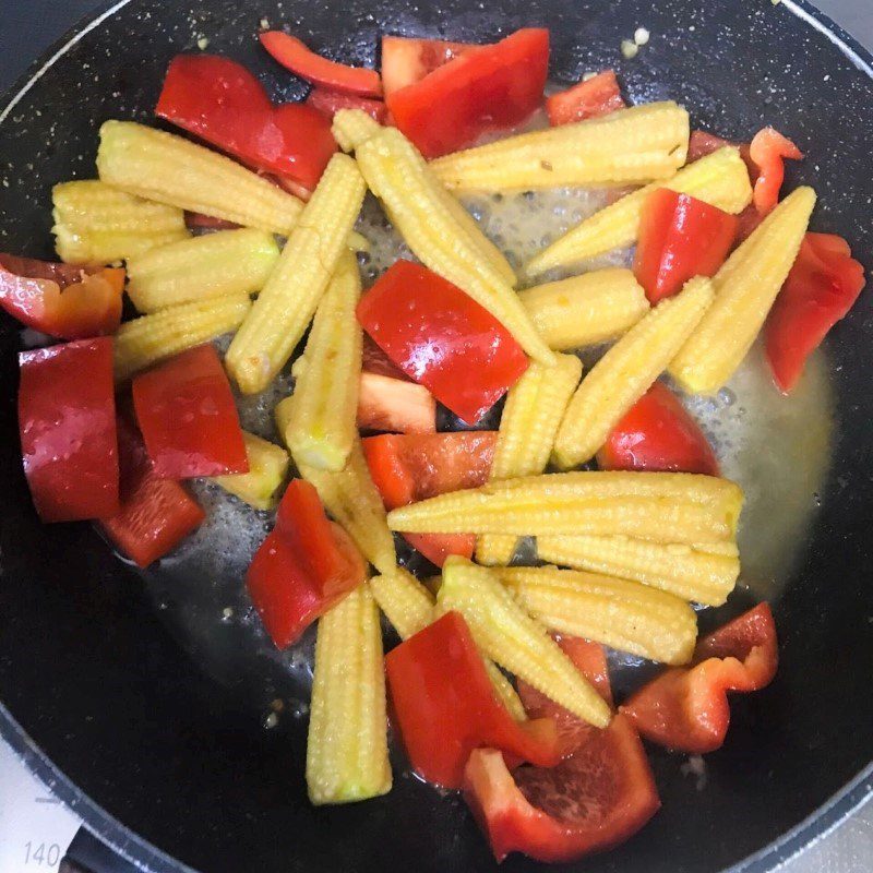 Step 3 Stir-fried Squid Stir-fried squid with satay, bell pepper, and baby corn