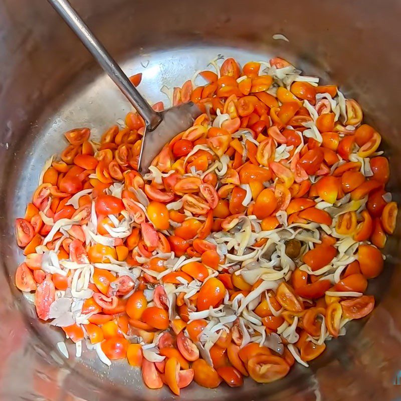 Step 2 Stir-fry tomatoes and mushrooms for Tomato Squash Soup