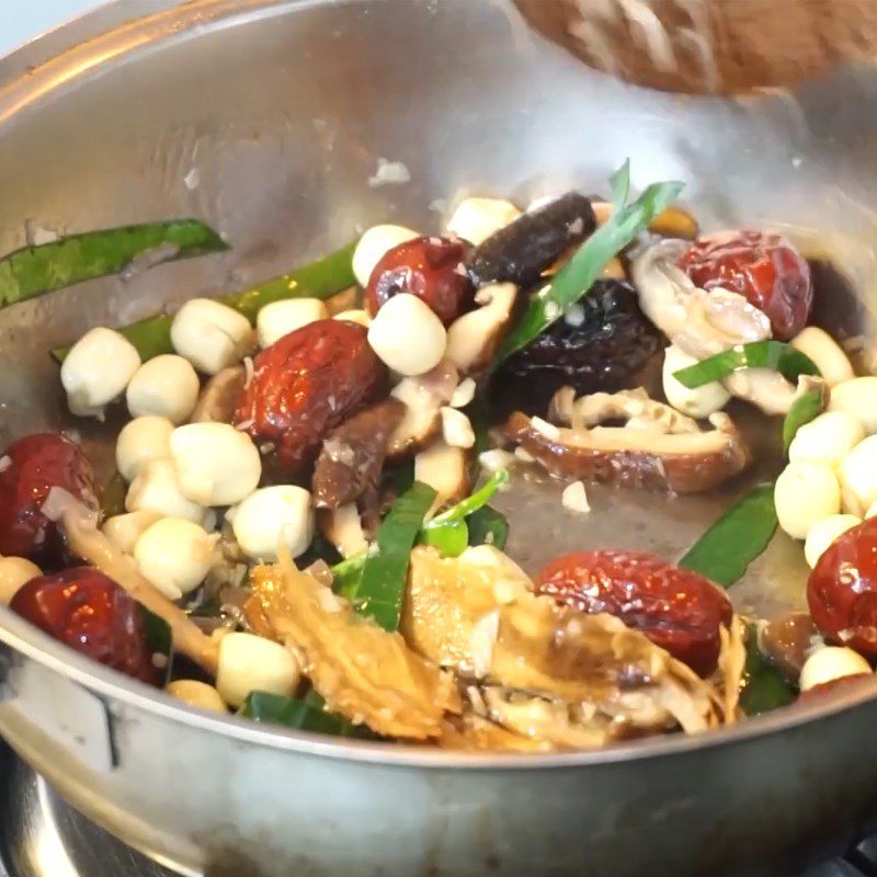 Step 4 Sauté the stuffing ingredients Quail wrapped in pandan leaves with plum sauce