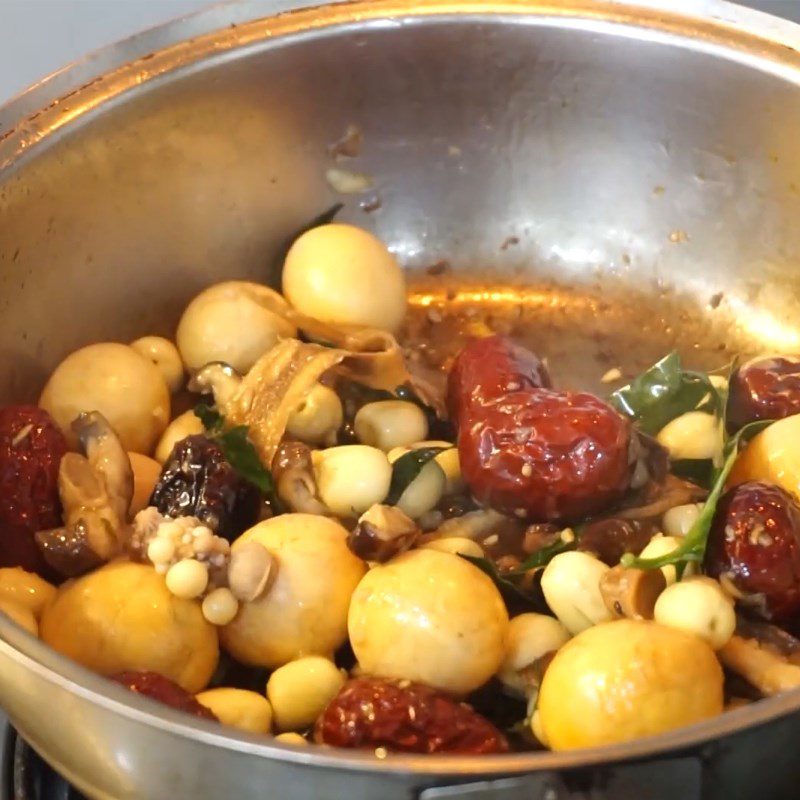 Step 4 Sauté the stuffing ingredients Quail wrapped in pandan leaves with plum sauce