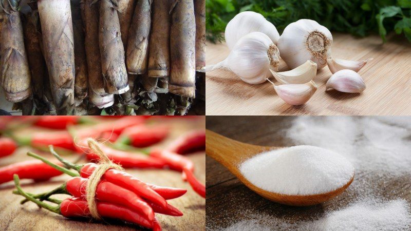 Ingredients for pickled bamboo shoots with garlic and chili