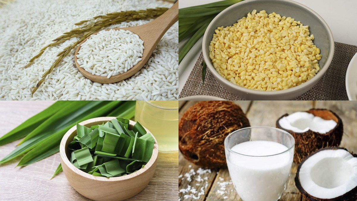 Ingredients for the dish sticky rice with mung beans and pandan leaves