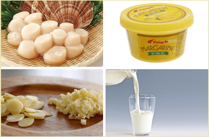 Ingredients for scallop dish with garlic butter sauce and passion fruit sauce
