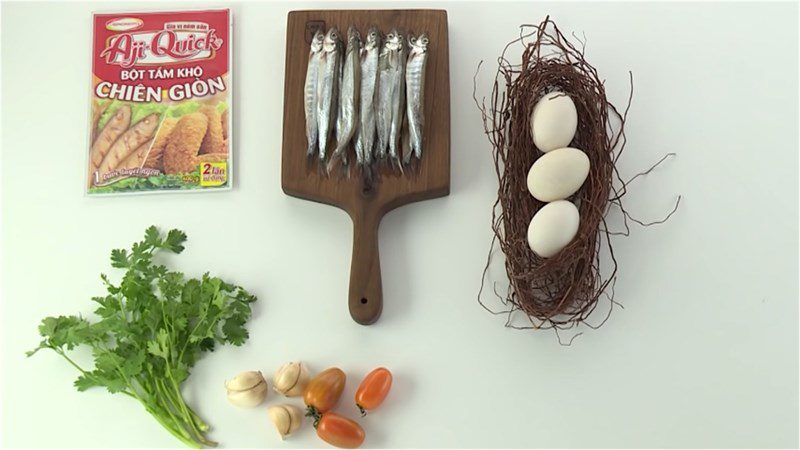 Ingredients for fried fish roe dish, salted eggs, fish sauce, pepper leaves