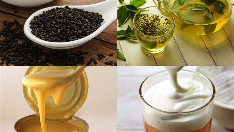 Ingredients for the dish 2 methods of making black sesame latte with cream and matcha black sesame cream