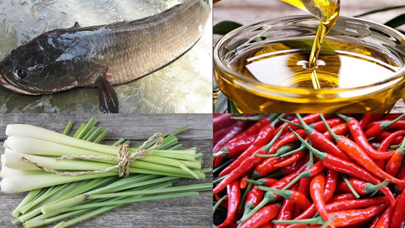 Ingredients for fried snakehead fish and fried snakehead fish with lemongrass and chili