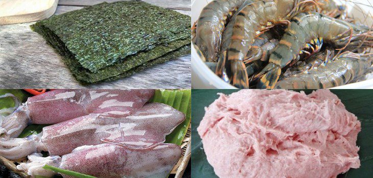 Ingredients for the seafood spring rolls wrapped in seaweed