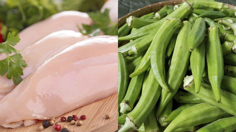 Ingredients for chicken breast stir-fried with asparagus, green beans, and okra