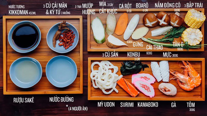 Ingredients for seafood udon noodles