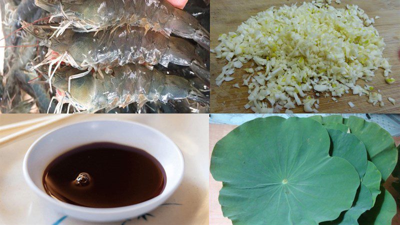 Ingredients for the dish of steamed shrimp with garlic and lotus leaf