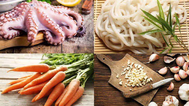 Ingredients for 3 ways to cook seafood udon noodles