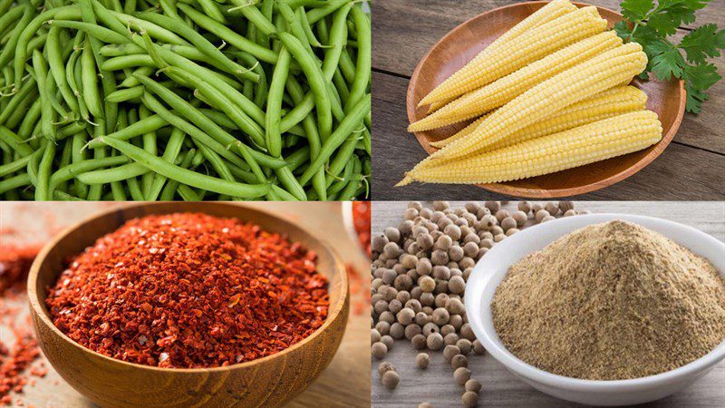 Ingredients for the dish of sautéed baby corn with beef and sautéed green beans