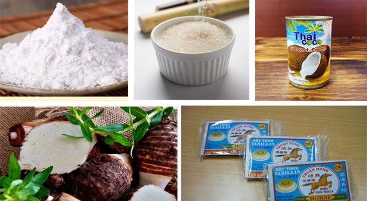 Ingredients for the 3 dishes: coffee layer cake, colorful layer cake, and taro layer cake
