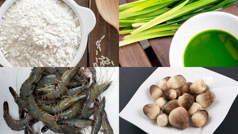 Ingredients for the dish of pandan leaf steamed rice rolls with shrimp and mushrooms