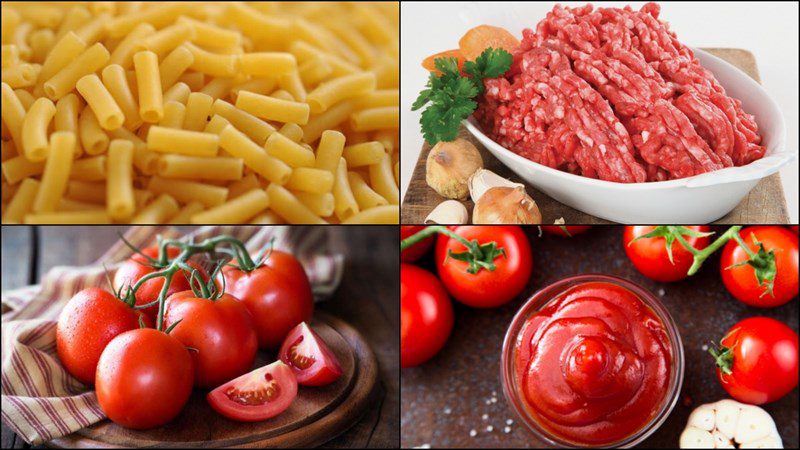 Ingredients for stir-fried noodles with minced meat and tomato sauce