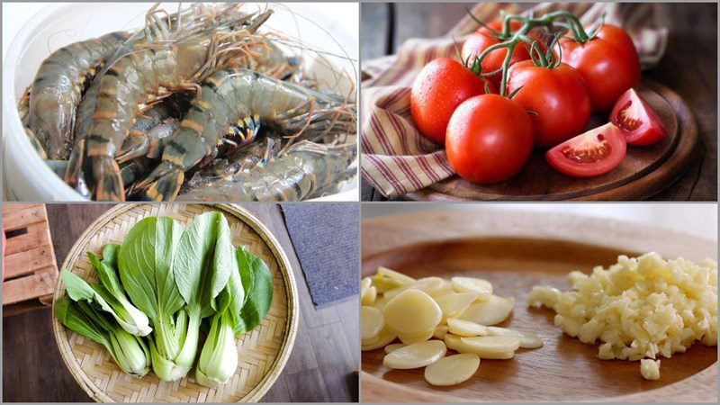 Ingredients for stir-fried shrimp with tomatoes and vegetables