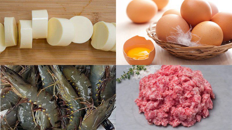 Ingredients for the dish of steamed tofu with shrimp and meat