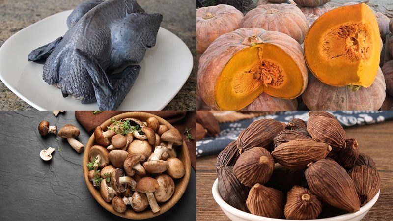 Ingredients for grilled black chicken stuffed with pumpkin