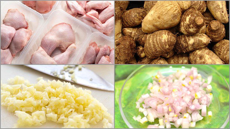 Ingredients for the dish of cooking taro soup with chicken and pork bones