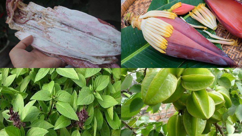 Ingredients for dried squid salad with banana flower
