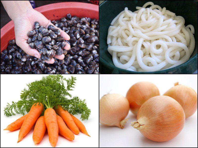 Ingredients for thick noodle soup with baby clams and coconut milk